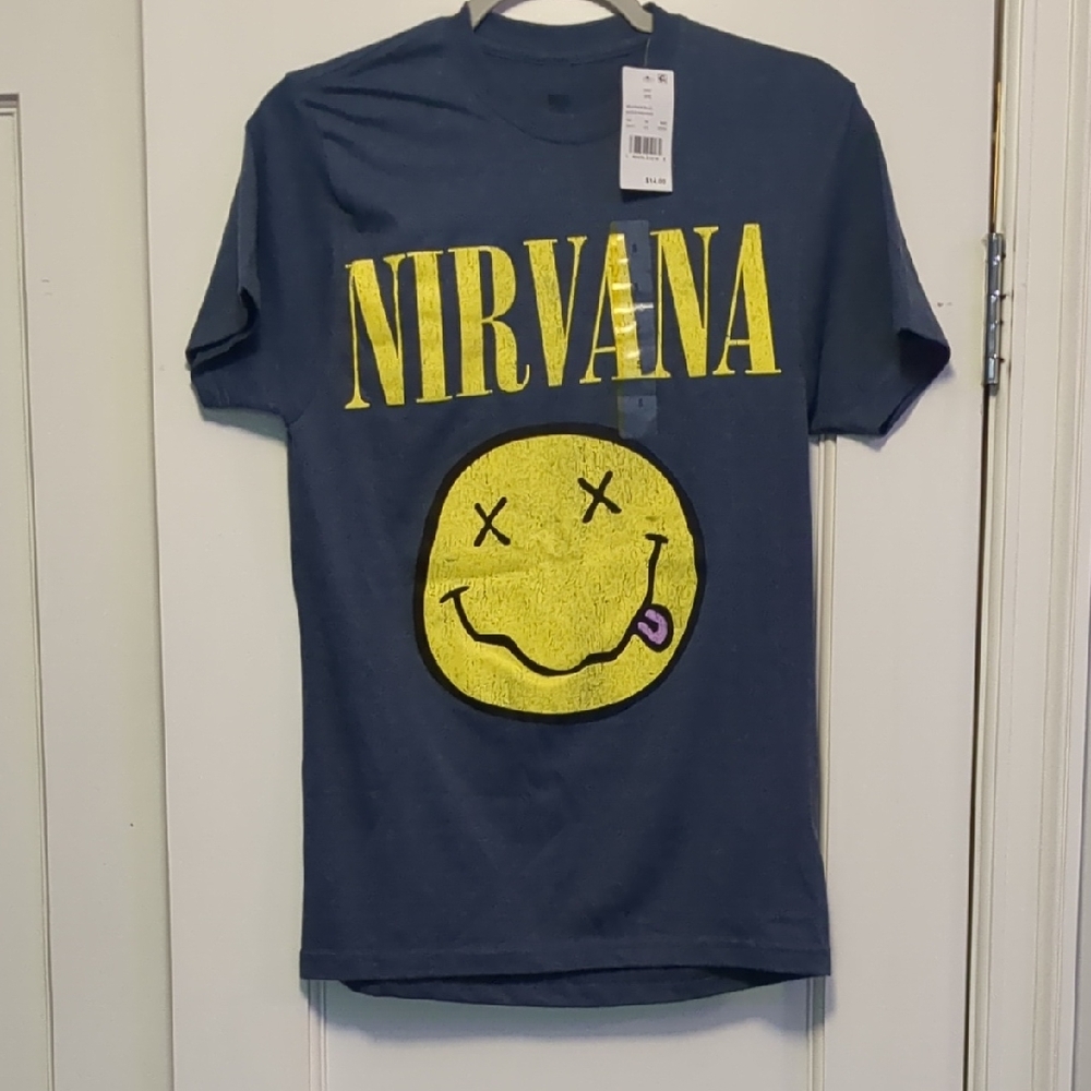 NWT NIRVANA Navy Tee with Yellow Logo Sz Small